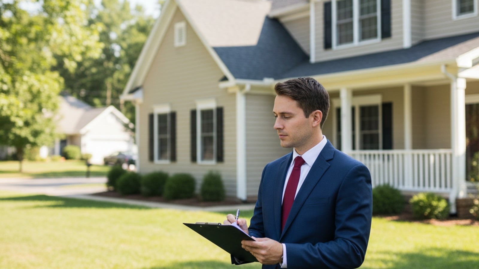 Representação visual da avaliação de imóveis com casa sendo medida, calculadora, laudo técnico NBR 14653, checklist de vistoria e etiqueta de valor