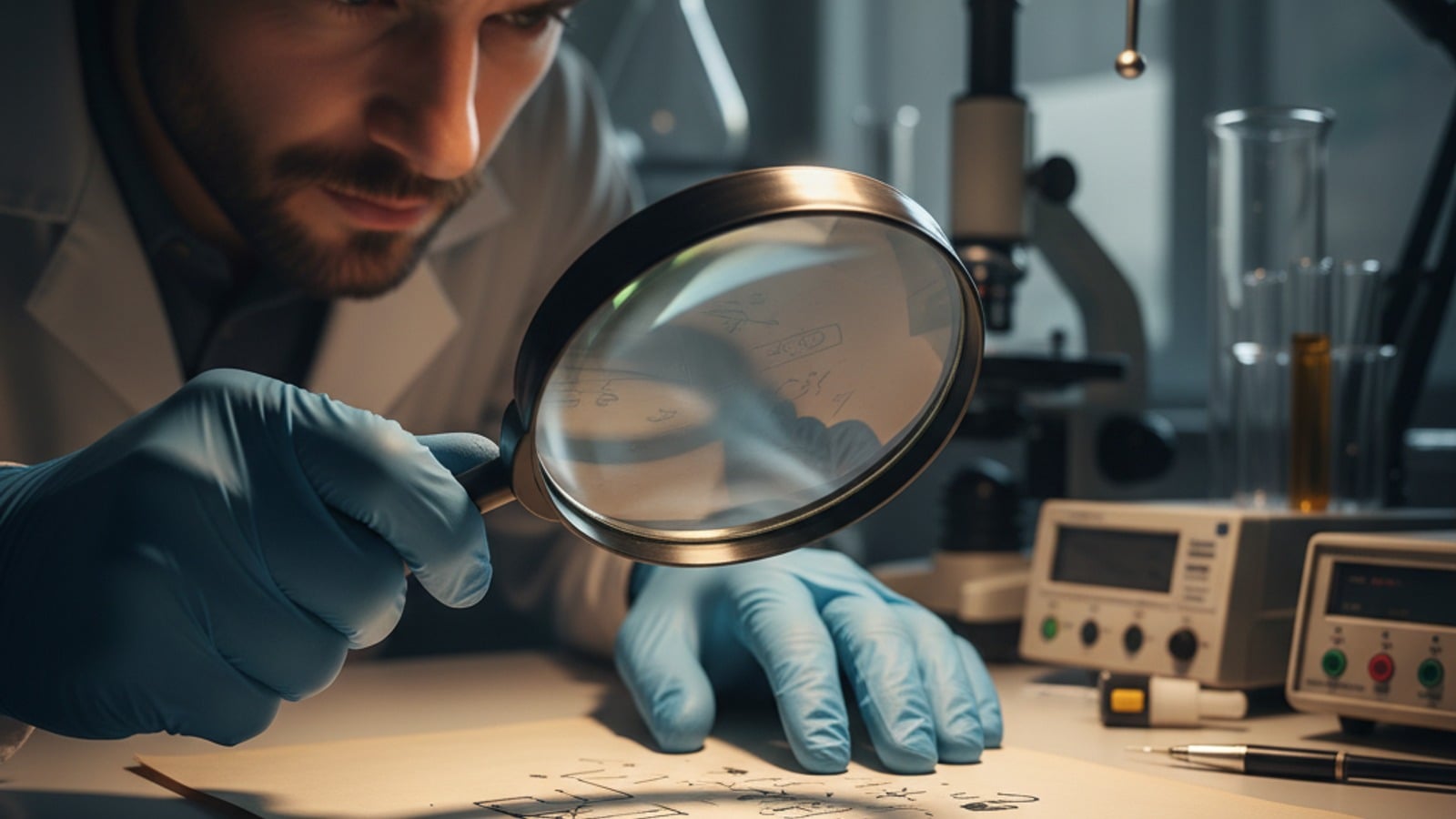 Representação visual da perícia grafotécnica com documentos sendo analisados, lupa examinando assinaturas e equipamentos periciais