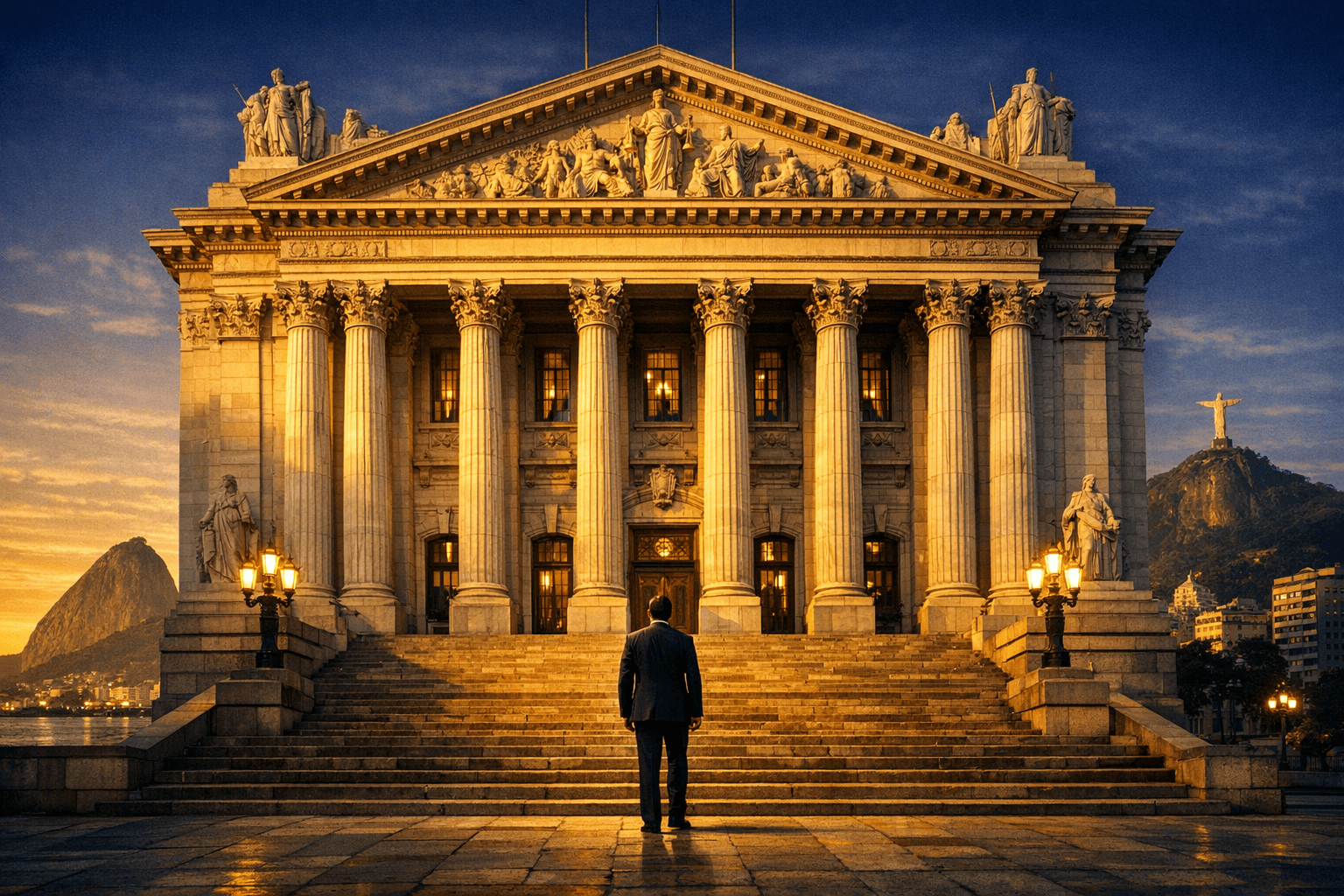 Fachada neoclássica do escritório Garcez Palha com vista para o Rio de Janeiro